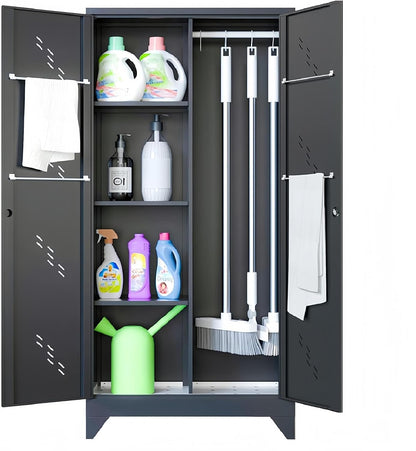 71" Broom Closet Cabinet with Hanging Rod, Tall Black Metal Storage Cabinet for Bathroom, Utility Room, and Garage