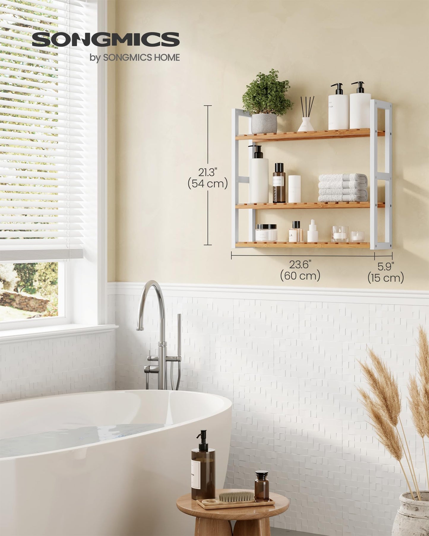 SONGMICS Bamboo Bathroom Shelf, 3-Tier Adjustable Plants Rack, Wall-Mounted or Stand, in The Living