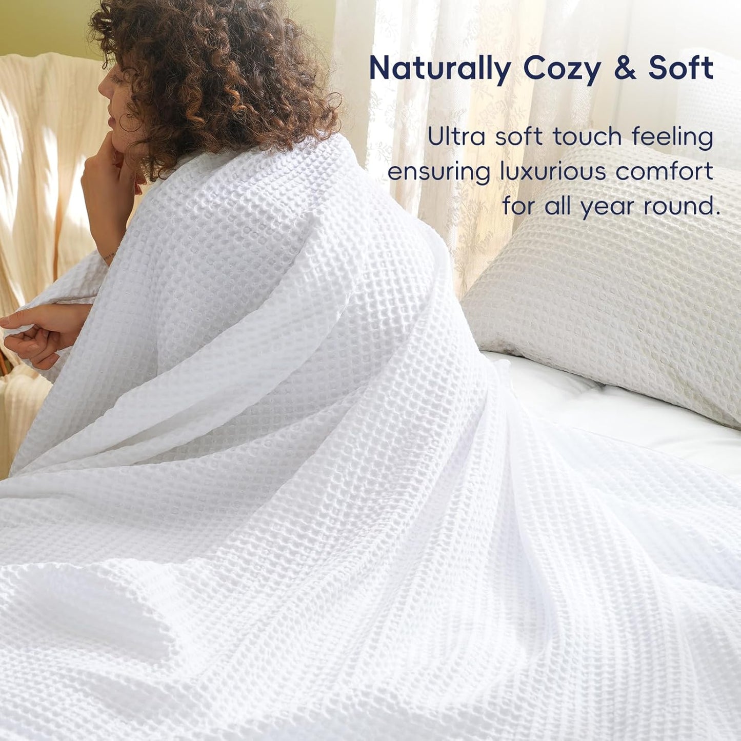 PHF Ultra Soft Waffle Weave Blanket King Size 104"x 90"- Washed Lightweight Breathable Cozy Woven Blanket for Bed - Aesthetic Decor for Couch Bedding Sofa Home Car - White