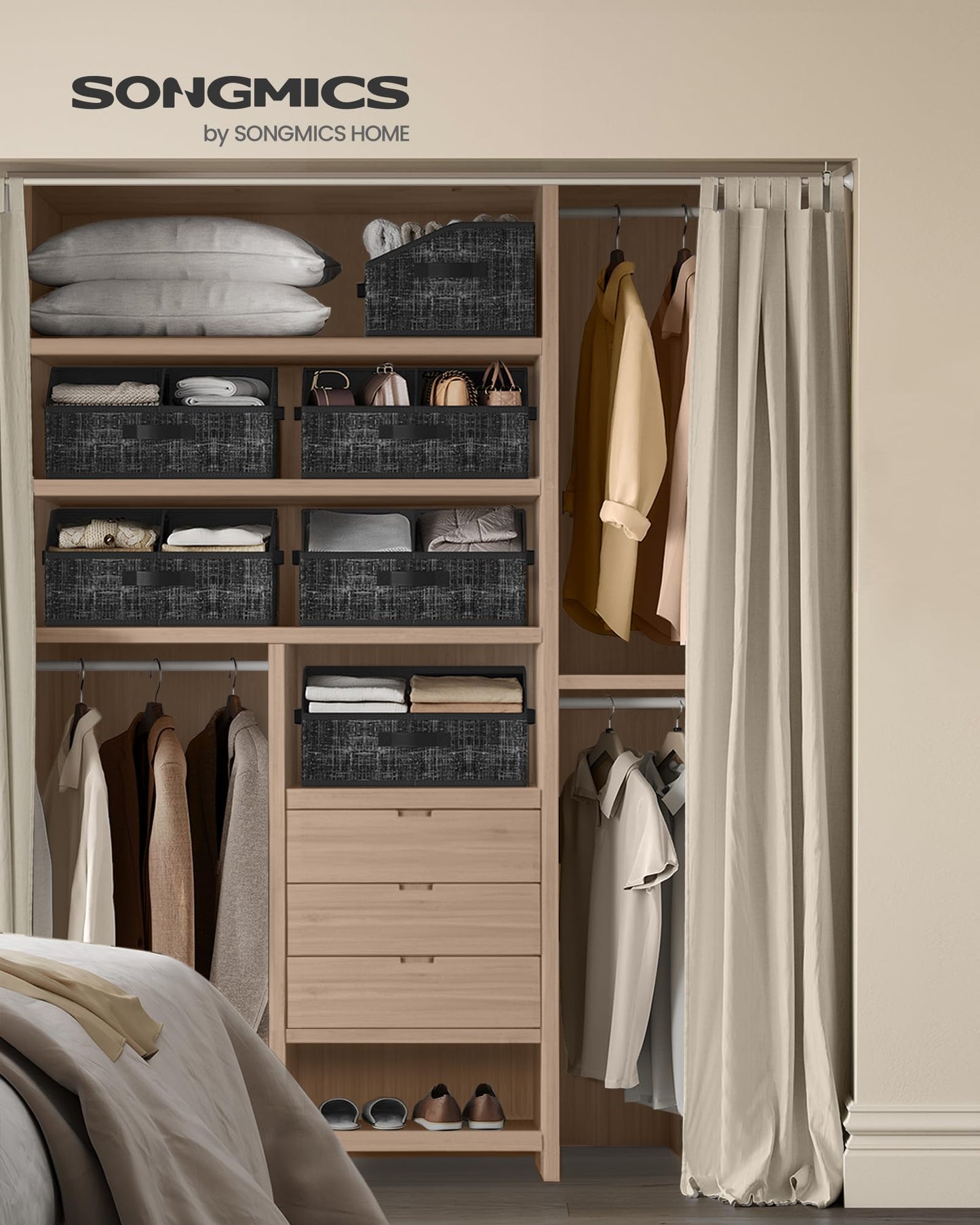 SONGMICS Storage Baskets, Set of 6, Foldable Closet Organizer for Shelves