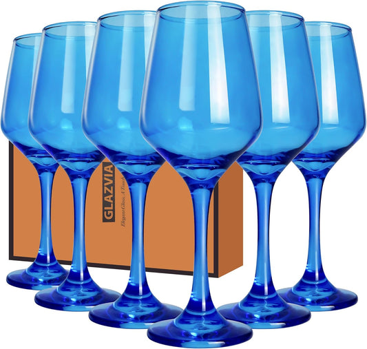 Blue Wine Glasses Set of 6-12oz Blue Long Stem Wine Glass Cups, Pretty Crystal Glassware, Hand Blown Goblets Drinkware, Unique Drinking Stemware Holiday Gift Set