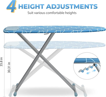 APEXCHASER Ironing Board with Silicon Iron Rest, Heavy-Duty Legs and Heat Resistant Cover, 13x53 inch, Blue