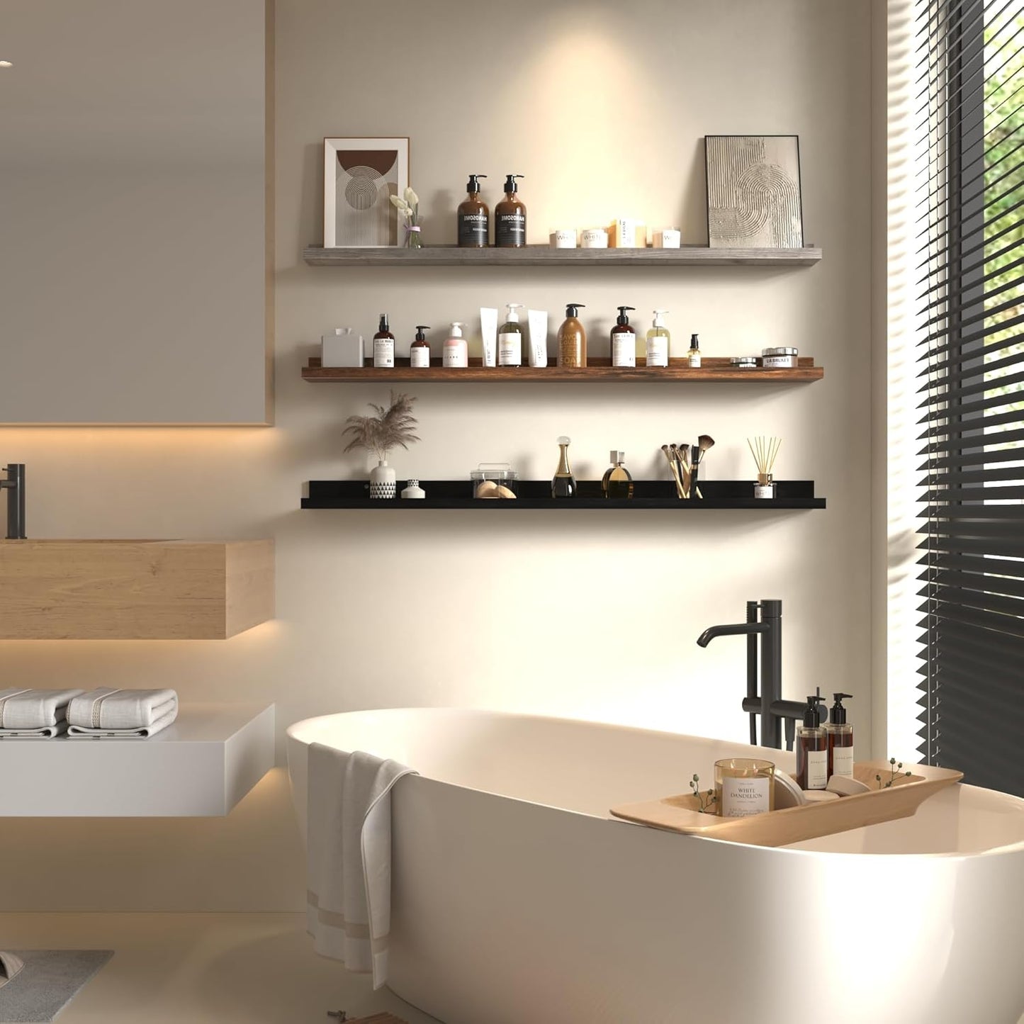 Giftgarden 47 Inch Multi Colors Floating Shelves for Wall Mount, Assorted Colors Wood Wall Shelf Ledge for Bathroom Bedroom Living Room Kitchen Storage, Set of 3 Different Sizes