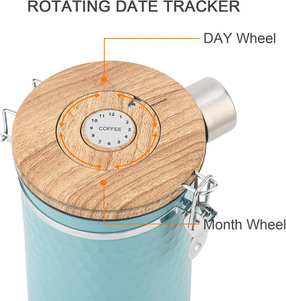 TEDSWAIT Coffee Canisters Airtight Coffee Bean Storage Container Kitchen Stainless Steel Food Storage Container with Scoop Date Tracker & CO2 Valve 61Fl Oz (Lake Blue)