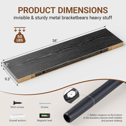 Heimlove Floating Shelves for Wall 36 Inches Long,9.3" Deep Black Floating Shelf Set of 2,Wall Mounted Shelves for Bathroom Bedroom Living Room Kitchen Office,Shelf for Books Storage,Home Decor