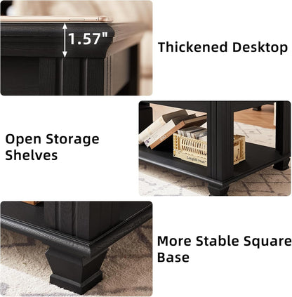 Farmhouse Coffee Tables for Living Room,Square Tea Table with Open Storage Shelf,Large Coffee Table,Rustic Wooden Center Table,Black