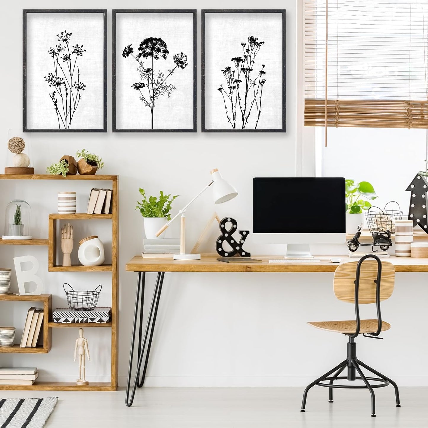 Flower Plant Wall Art Decor 24"x16" Set of 3 Black And White Botanical Painting Wood Framed For Minimalist Bedroom Office Rustic Living Room Abstract Wildflower Sign Hanging (Black)