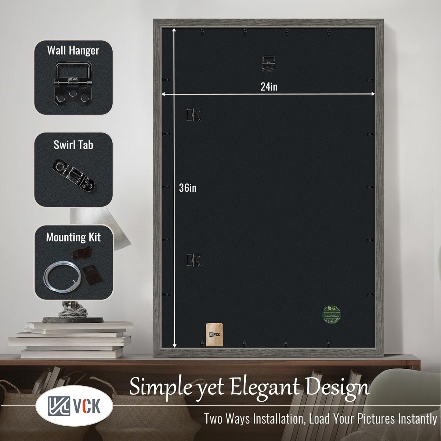 VCK 24x36 Poster Frame 3 Pack, Gray Solid Wood Picture Frame, Exclusive Wood Grain, Wall Mounting Hanging