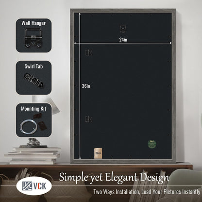 VCK 24x36 Poster Frame 3 Pack, Gray Solid Wood Picture Frame, Exclusive Wood Grain, Wall Mounting Hanging