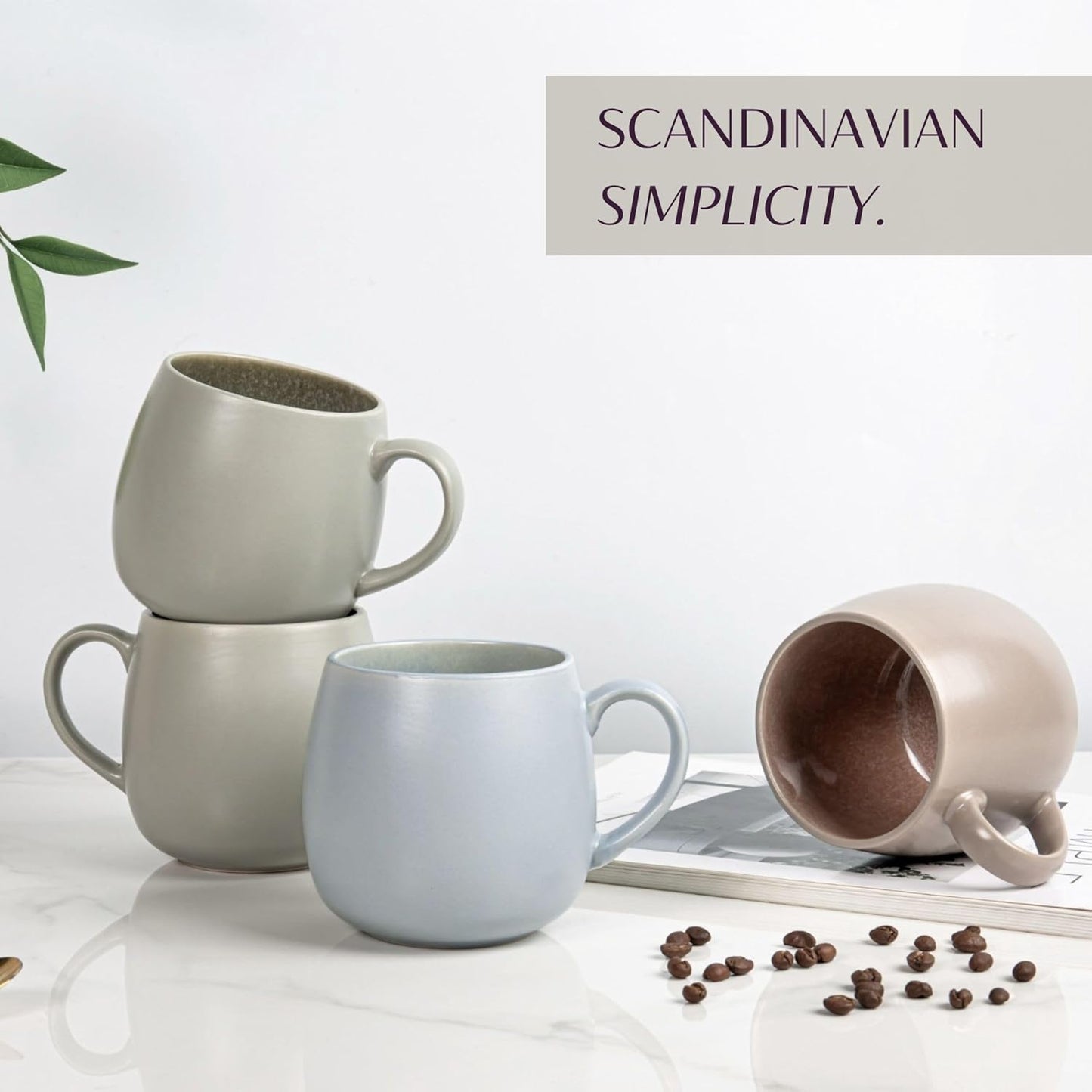 Ceramic Coffee Mugs Set of 6, 14oz - Modern Scandinavian Aesthetic - Microwavable Stoneware Coffee Cups with Comfortable Handle - Tea Mug Set for Latte, Cappuccino, Soup - Pale Blue Mist