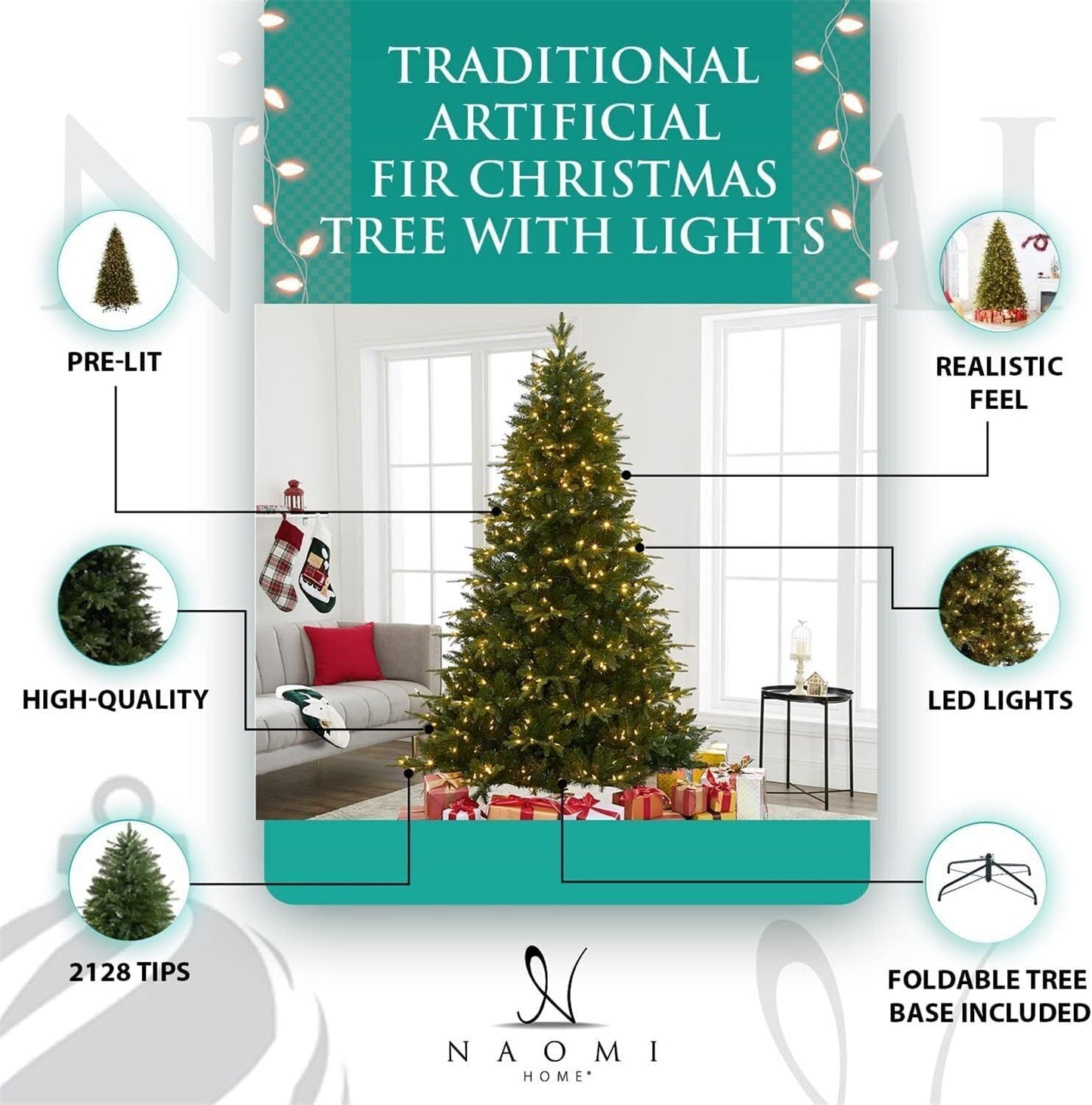 Naomi Home 7.5ft Christmas Tree with Lights, Realistic Fir Prelit with 1746 Branch Tips, 550 Warm Lights and Metal Stand, Aritificial Tree, +ürbol De Navidad
