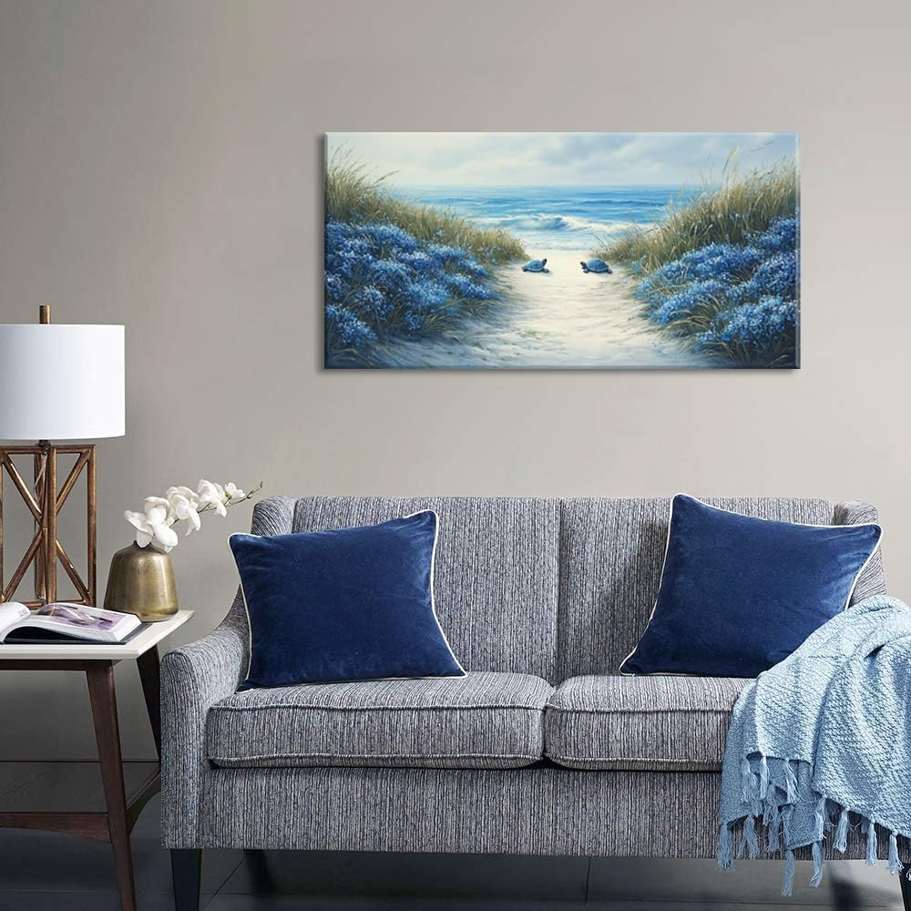 LASMOND Romantic Beach Wall Art for Living Room Blue Sea Turtle Lovers Canvas Painting Prints Ocean Sandy Romance Flowers Large Bedroom Office Decor Artwork (30x16 Inches)