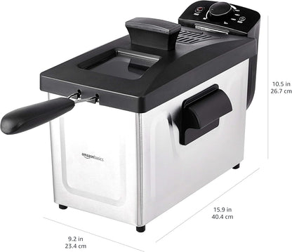 Amazon Basics 3.2-Qt (3.0L) Deep Fryer with 12-Cup Oil Capacity, Adjustable Temperature, Easy Draining Basket, Stainless Steel Exterior, Viewing Window, 1500W, Black & Silver