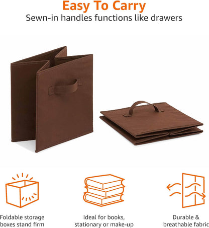 Amazon Basics Cube Organizer Storage Bins Handles, Collapsible Fabric, Pack of 6, 10.5"x10.5"x11", Brown