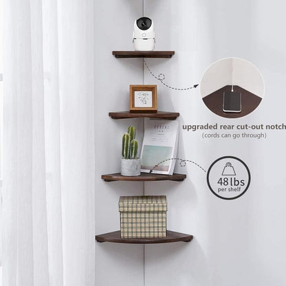 Corner Shelves, Floating Corner Shelf, Set of 2 Solid Oak Wood Wall Shelves, Round End Wall Mount with Wire Hole Shelving for Small Plant for Bedroom Kitchen, Living Room Walnut 8.7”