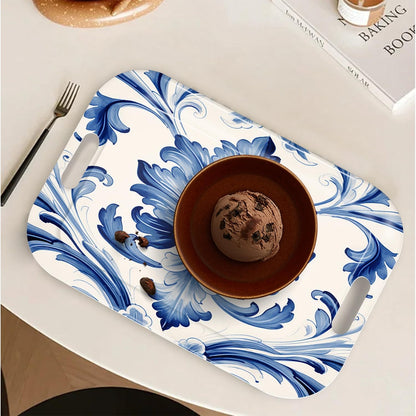 Serving Trays with Handles, 14.5 x 9.8 inch Rectangular Plastic Tray for Restaurant, Kitchen, Blue and White Pattern