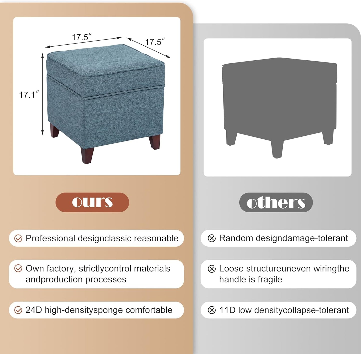 Adeco 17" Square Ottoman with Storage, Small Blue Storage Ottoman Foot Rest with Hinged Lid & Solid Wood Legs, Linen Fabric Foot Stool for Living Room & Bedroom