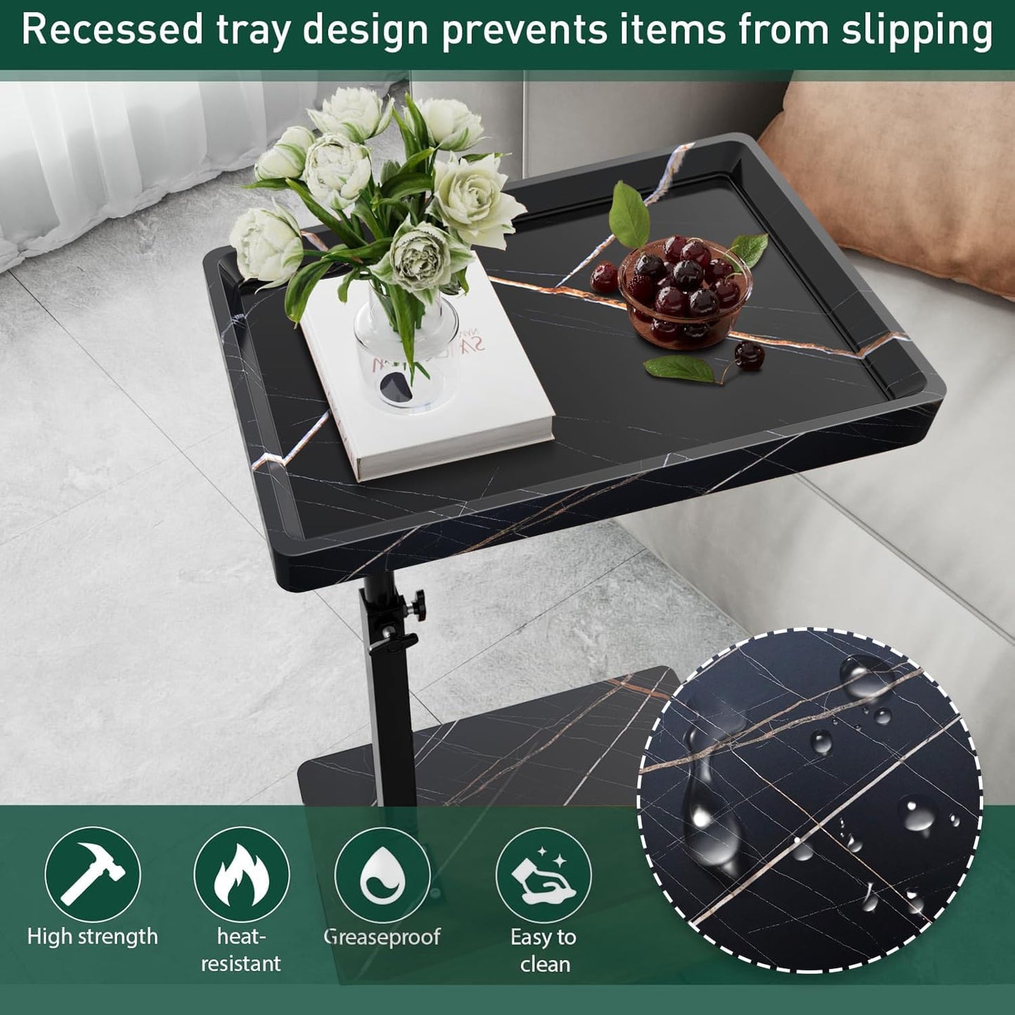 C Table End Table Adjustable Height, 360°Swivel TV Tray Table for Small Spaces, Couch Tables That Slide Under, C Shaped Side Tables Living Room and Bedroom for Sofa, Bed,Chair, Snack (Black)