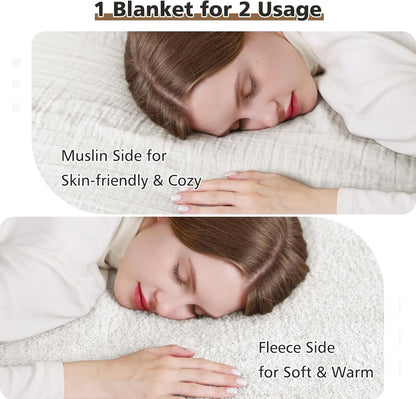 EMME White Throw Blanket Muslin and Fleece Blanket for Women Reversible - 50"*60" Soft & Cozy Warm Lightweight Small Blankets for Couch Bed Picnic Travel Bed