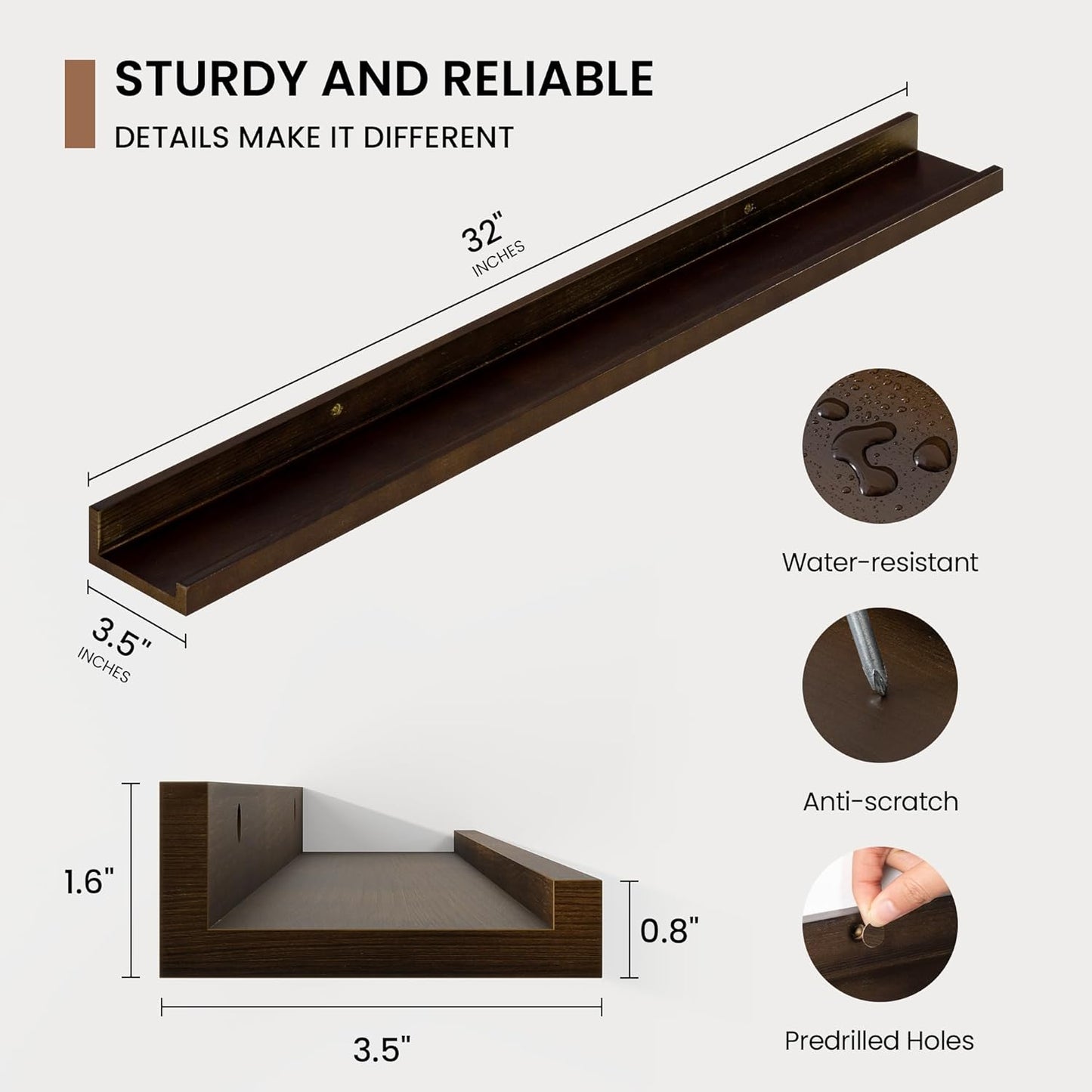 Picture Ledge Shelf, Solid Pine Wood Floating Shelves Set of 2, 32 Inches Nursery Book Shelves for Toys Storage, Kids Bookshelf Wall Mounted for Living Room Bedroom Decor Books Photo Frames, Walnut