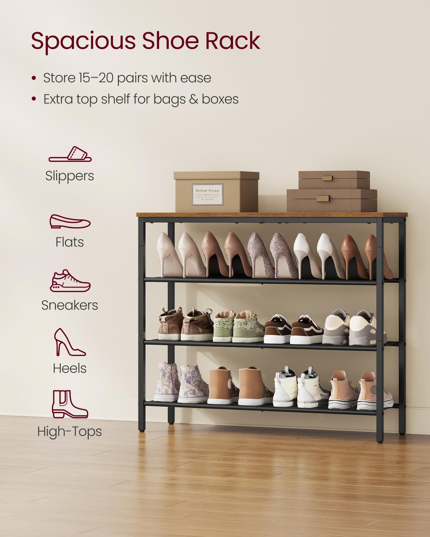 VASAGLE 4-Tier Shoe Rack, Large Shoe Storage Organizer for Closet, Entryway, 15-20 Pairs, with 3