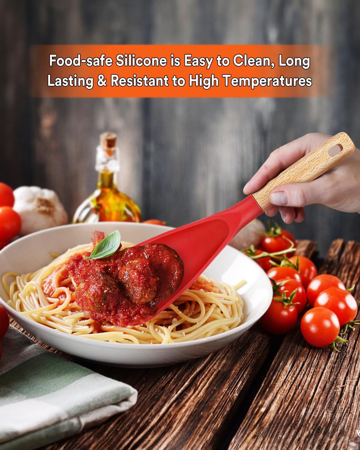 Cooking Spoon for Nonstick Cookwares, Great for Cooking and Serving Sturdy BPA-Free Matte Silicone, Wood Handle Spoon for Mixing, Scoop, and Scrape (2 Pack of Red, 11.4 inch)