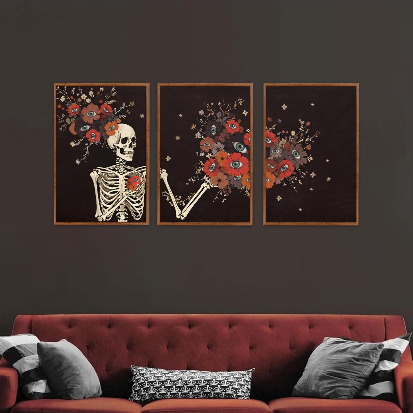 KAIRNE Gothic Skull Wall Art,Halloween Skeleton Canvas Set of 3(16”x24”),Scary Skull Painting,Horror Floral Botanical Prints,Romantic Spooky Halloween Wall Art for Living Room Bedroom Goth Party Decor