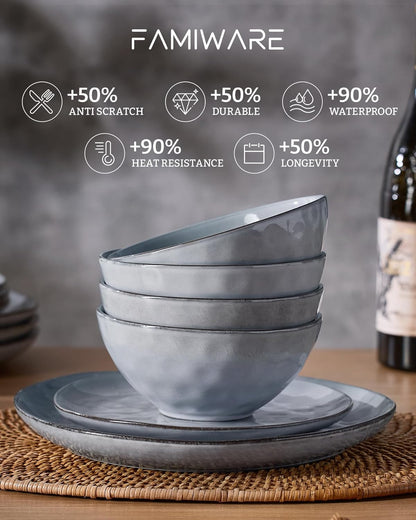 Famiware Dinnerware Sets for 4, Ocean Round 12-Piece Kitchen Plates and Bowls Sets, Reactive Glaze, Microwave and Dishwasher Safe, Scratch Resistant, Grey