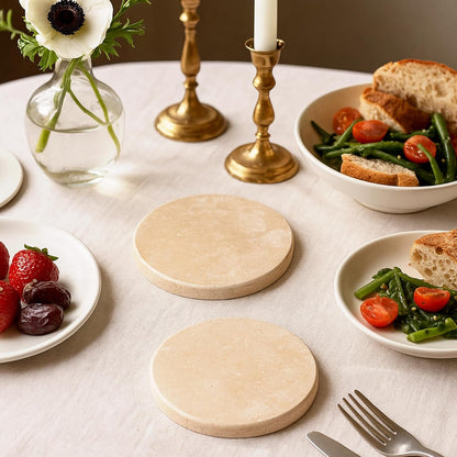 Beige Natural Travertine Marble Coasters Set of 4, Round 4 Inch Diameter Drink Marble Coasters for Housewarming Gifts, Anniversaries, Office Decorations Protect Tables from Stains & Scratches