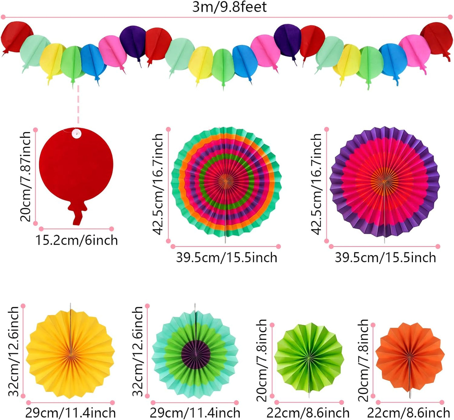 Fiesta Party Decorations, Multicolored Paper Pompoms Fan Garlands for Mexican Party Cinco De Mayo Luau Event Birthday Holi Decorations Colorful Rainbow Party Supplies