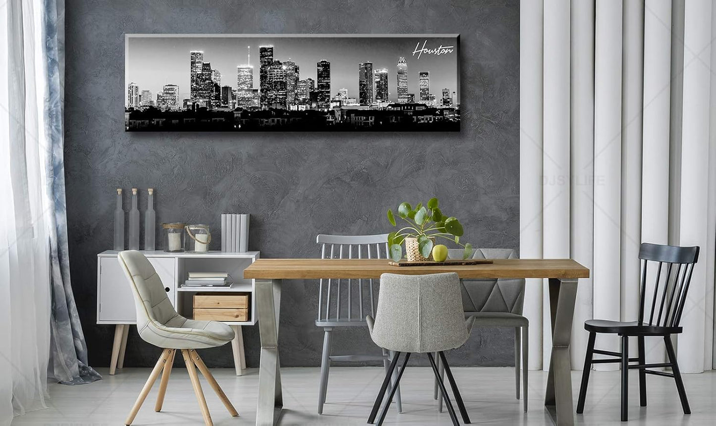 DJSYLIFE Houston Skyline Canvas Wall Art Decor Black & White City Pictures Painting Texas Cityscape Photo Print Artwork for Office Bedroom Living Room Walls Decoration Ready to Hang 13.8"x47.3"