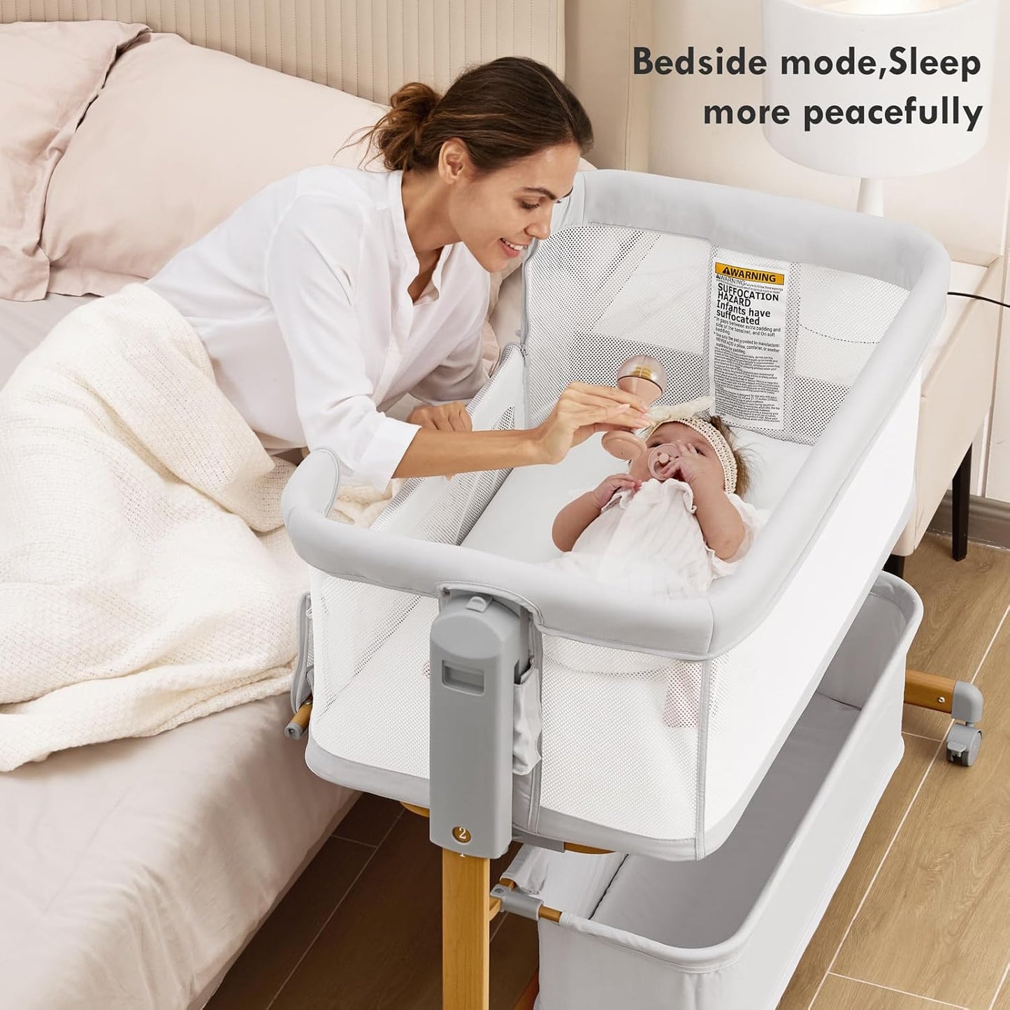 Baby Bassinet Bedside Sleeper, 3-in-1 Rocking Bassinet for Baby with 6-Level Height Adjustable, 4 Wheels & Breathable Mesh Walls, Portable Bedside Bassinet with Mattress for Newborn