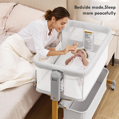 Baby Bassinet Bedside Sleeper, 3-in-1 Rocking Bassinet for Baby with 6-Level Height Adjustable, 4 Wheels & Breathable Mesh Walls, Portable Bedside Bassinet with Mattress for Newborn