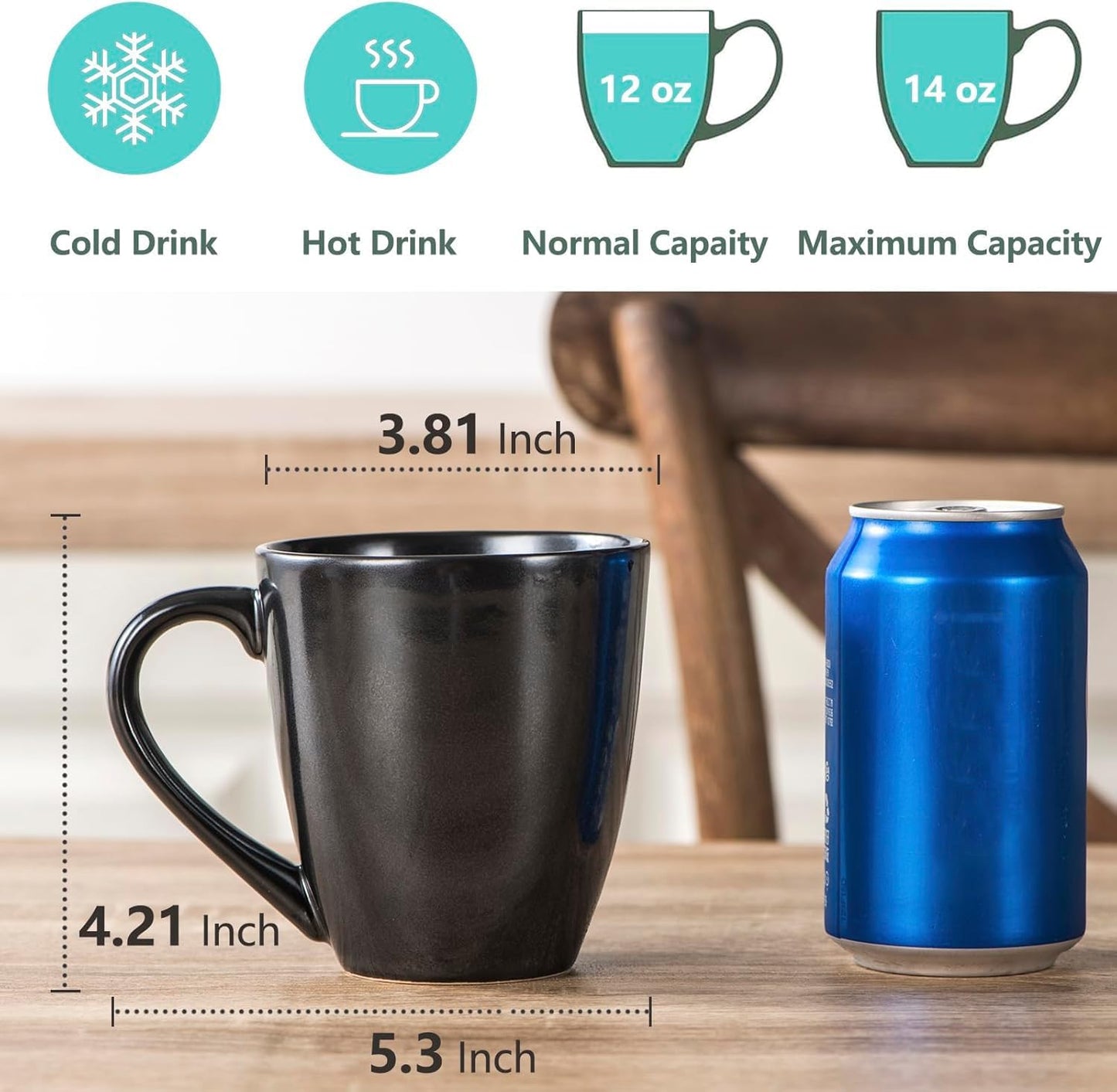 vicrays Coffee Mug Set, 12 Ounce, Ceramic Mug for Men, Women, Unique Glazed Mugs with Handle for Coffee, Tea, Milk, Cocoa, Cereal - Set of 6 Black