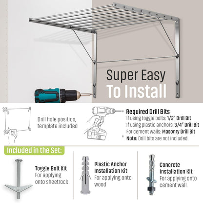 Smartsome | Wall Mounted | Clothes Drying Rack| 22" Wide |15 Linear Feet Capacity | 8 Smooth Round Stainless Steel Rods | 60 lb Capacity | Fully Assembled | Compact Sturdy Space-Saving Design