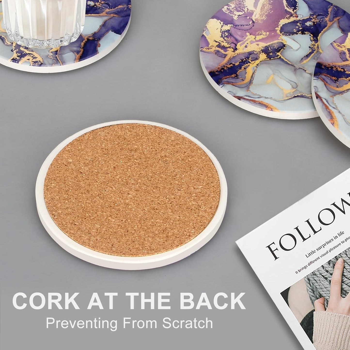 Purple Agate Coasters with Holder Drink Coaster Set of 6 Modern Marble Coasters Unique Coaster for Coffee Table Decor Gift Women Kitchen Accessories Bar Coster Cup Cool Cute Ceramic Coasters