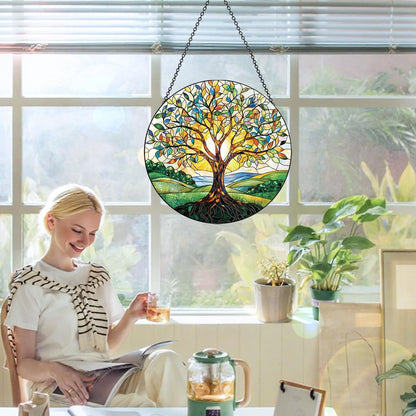 Stained Glass Window Hanging – Double-Sided Glass Sun Catcher with Chain – Memorial Window Art Panel for Home Décor, Spiritual Comfort, and All-Occasion Gifting