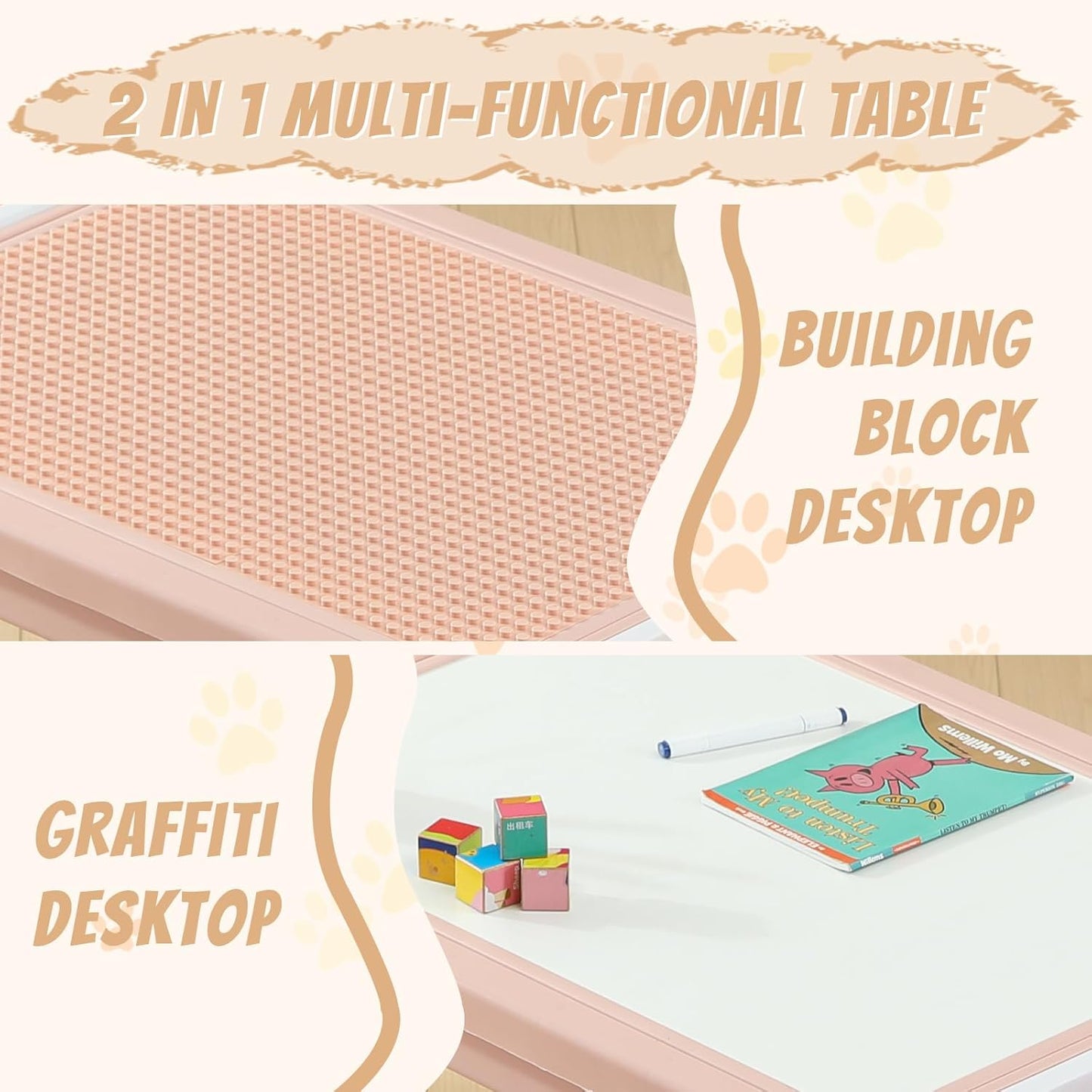 Multi Functional Kids Table and 2 Chairs Set, Graffiti & Building Blocks Double-Sided Tabletop, Toddler Play Table with Drawers, Large Storage Space, Gift for Boys/Girls, Pink