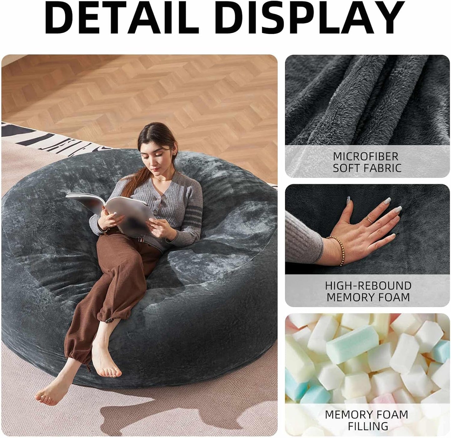 Bean Bag Chair 6Ft, Memory Foam Filled, Large Beanbag Chairs for Adults and Teens, Soft Sofa with Removable Flannel Cover, Round Couch for Living Room Bedroom College Dorm (Dark Gray, 6FT-67×67"×24")