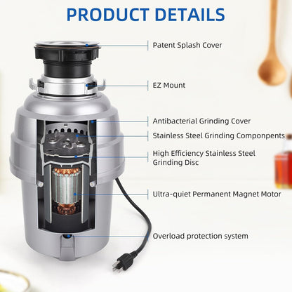 Powerful 3/4HP Stainless Steel Garbage Disposer, Dishwasher-Friendly and Continuous Feeding Waste Disposer, Grinding Material Four-Stage Grinding, Silver