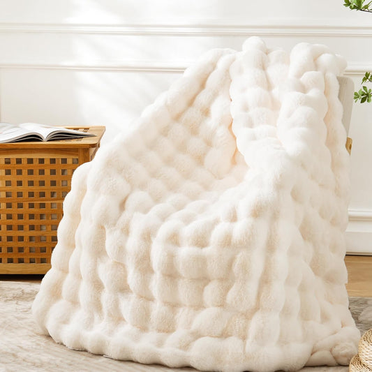 BENVWE Faux Fur Throw Blanket for Couch - Cozy Plush Fluffy Soft Thick Bubble Blanket for Living Room Home Decor - Mothers Day Birthday Gifts for Women, Cream White, 51" x 63"