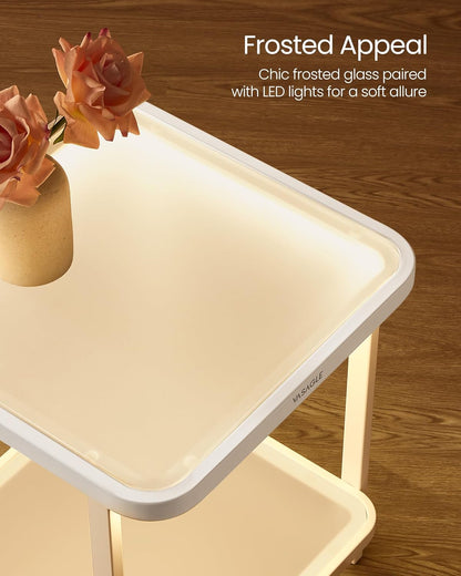 VASAGLE End Table, 2-Tier Side Table with LED Lights, Modern Nightstand, Square Bedside Table, Frosted Glass, Bottom Shelf, for Bedroom, Cloud White and Pearl White ULET232W01