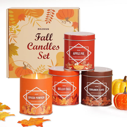 Fall Candles – 36oz (4×9oz) Soy Candles Gift Set with Autumn Scents: Pumpkin Spice, Cinnamon Clove, Apple Pie, Hello Fall – Gifts for Women & Men, Autumn Home Decor