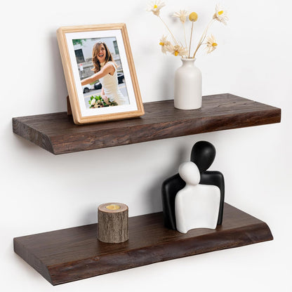 RICHFOCUS Live Edge Elm Floating Shelves - 24" W x 9.3" D Rustic Solid Wood Wall Shelves with Invisible Bracket, Wall-Mounted for Living Room, Bedroom, Kitchen Storage & Display, Set of 2, Walnut