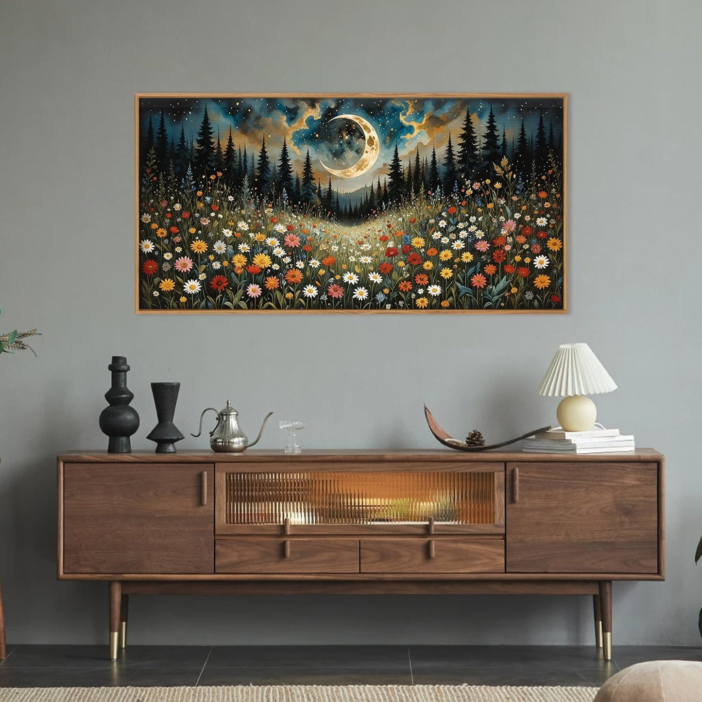 HPINUB Wildflower Moon Pine Tree Framed Canvas Wall Art Set,Nature Forest Wall Decor,Mystical Starry Night Artwork Rustic Mountain Landscape Art Print for Living Room,Bedroom,Office-20 x40