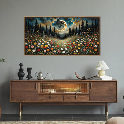 HPINUB Wildflower Moon Pine Tree Framed Canvas Wall Art Set,Nature Forest Wall Decor,Mystical Starry Night Artwork Rustic Mountain Landscape Art Print for Living Room,Bedroom,Office-20 x40