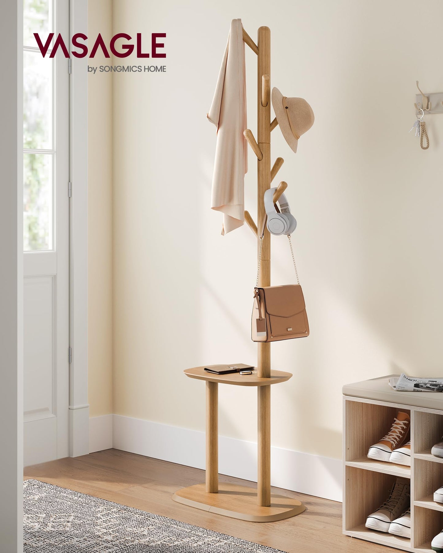 VASAGLE Coat Rack, Free Standing Coat Stand, Hall Coat Tree with 8 Hooks and Storage Shelf, 67.2