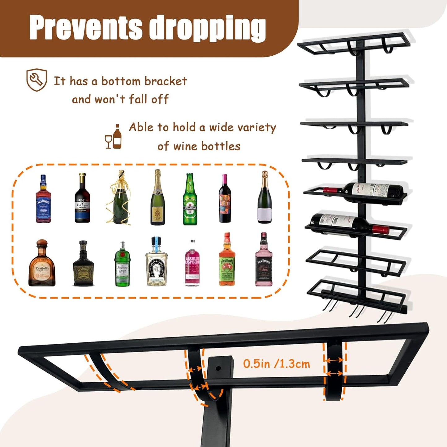 8 Bottle Wall Mount Wine Rack with Wine Glass Holder, Metal Wine Wall Rack, Wall Racks for Wine Bottles Display and Storage, Hanging Bottle Organizer for Living Dining Room Wine Cellar Bar (Black）