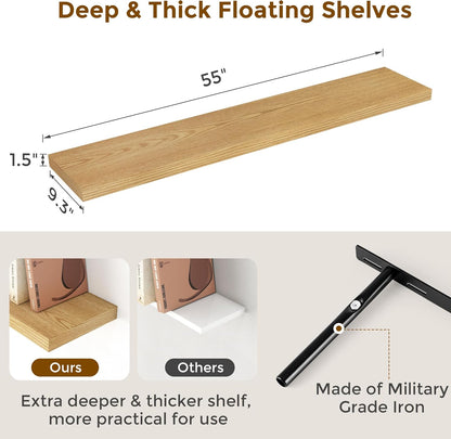 55 Inch Floating Shelves Set of 2, Rustic 55 x 9 Floating Shelf for Wall, 9 Inch Deep Wall Shelves Invisible Bracket, Large Deep Shelving for Bedroom, Kicten, Living Room, Oak Color