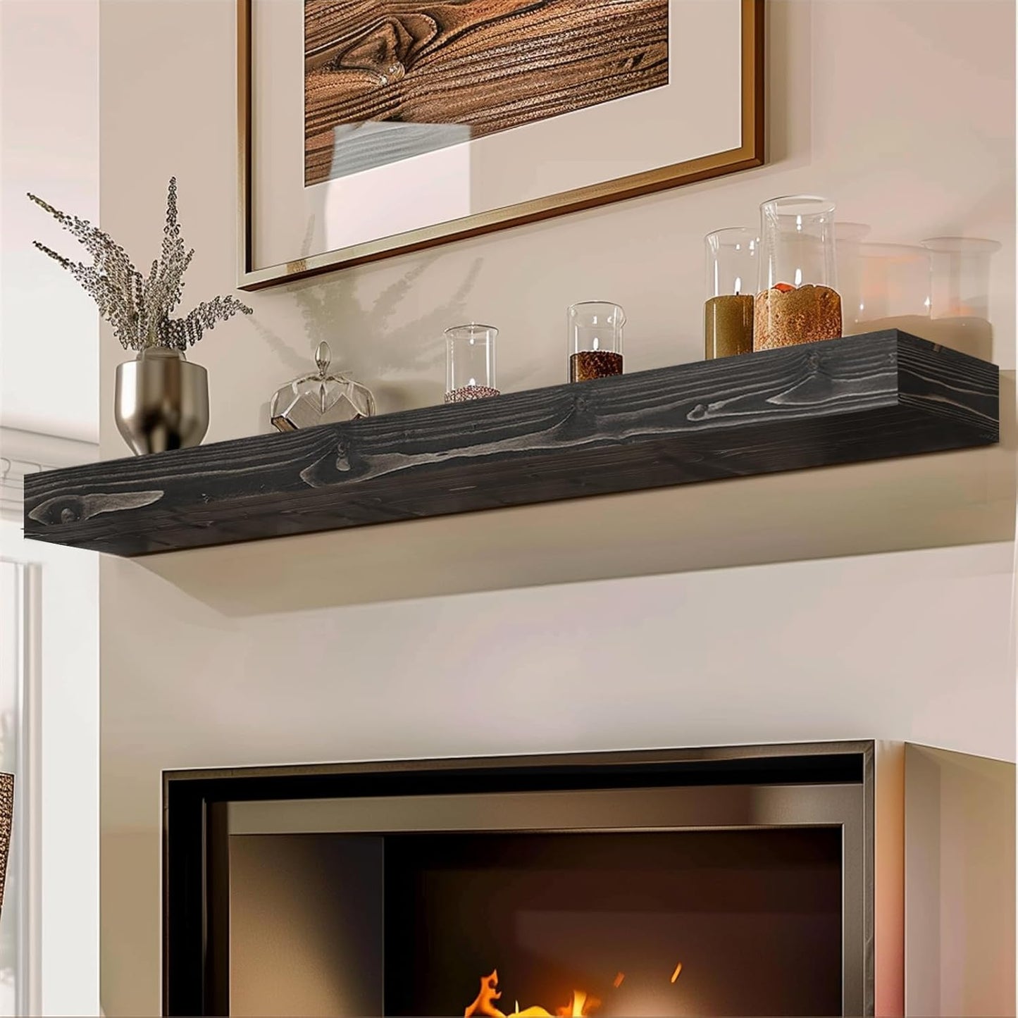56x8x3 Fireplace Mantel - Handcrafted Hollow Rustic Solid Wood Wall Mounted Floating Shelf with Invisible Heavy Duty Wood Bracket (Weathered Black)